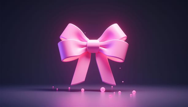 Pink bow neon icon 3D. Present concept. Outer glowing effect banner. Holiday design on pastel neon colored background. Luminous label. Editable stroke. stock illustration Copy space Space for text