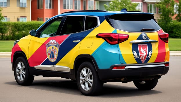 Sports fandom photo realistic illustration - Generative AI. Car, striped, decal, red, yellow.