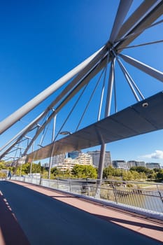 BRISBANE, AUSTRALIA - JULY 29 2023: Goodwill Bridge crossing the Brisbane River from Southbank to the CBD Brisbane, Queensland, Australia