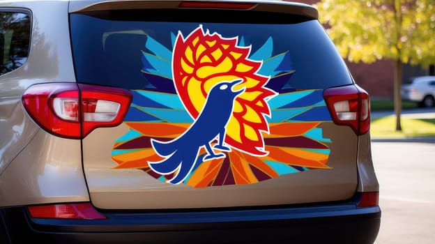 Sports fandom photo realistic illustration - Generative AI. Car, striped, decal, red, yellow.