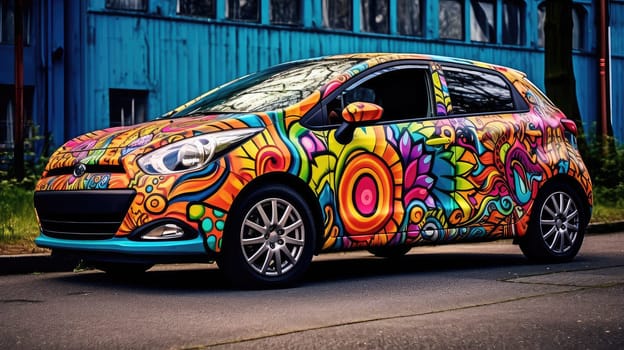 Street art on wheels photo realistic illustration - Generative AI. Building, street, car, colorful, decal.