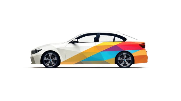 Minimalist car decal cartoon illustration - Generative AI. White, car, striped, decal, yellow.