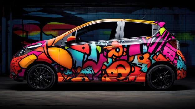 Urban graffiti influence photo realistic illustration - Generative AI. Car, wall, street, graffiti, decal.