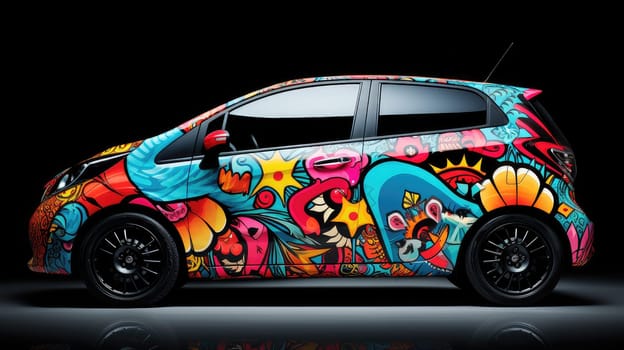 Urban graffiti influence photo realistic illustration - Generative AI. Car, wall, street, graffiti, decal.