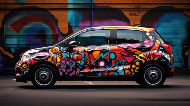 Urban graffiti influence photo realistic illustration - Generative AI. Car, wall, street, graffiti, decal.