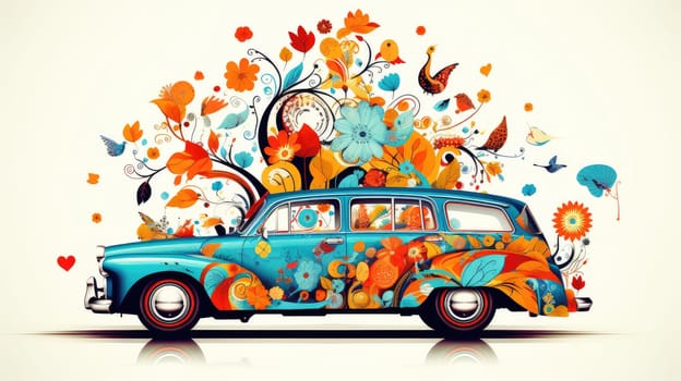 Creative car decal cartoon illustration - Generative AI. Vintage, car, nature, colorful, decal.