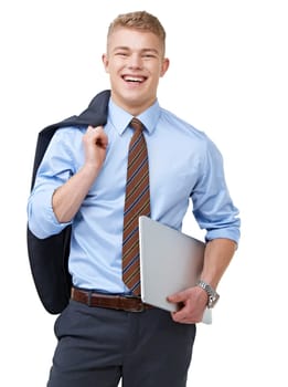 Young, businessman and portrait with laptop or smile for research, communication or networking in studio. Entrepreneur, person and face with happy or confidence for internship on white background.