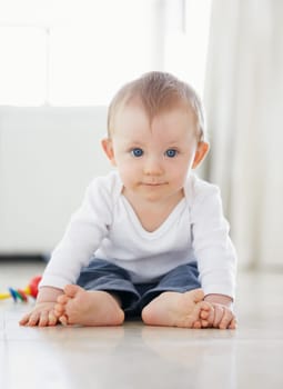 Home, playing and face of baby on floor to relax, resting and calm in nursery learning to crawl in morning. Family, youth and young infant in bedroom for child development, growth and wellness.