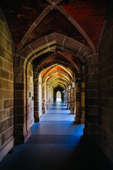 MELBOURNE, AUSTRALIA - NOVEMBER 19, 2023 - Ancient Law buildings of Old Quadrangle and architectural details at Melbourne University parkville campus in Melbourne, Victoria, Australia