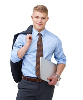 Young, businessman and portrait with laptop or happy for research, communication or networking in studio. Entrepreneur, person and face with smile or confidence for internship on white background.