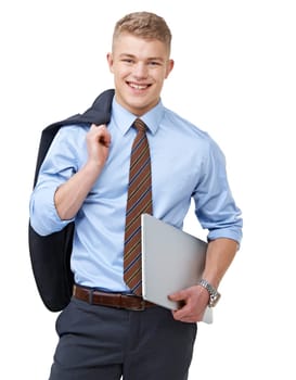Young, businessman and portrait with laptop or smile for research, communication or networking in studio. Entrepreneur, person and face with happy or confidence for internship on white background.
