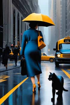 Vibrant classy lady, wearing black winter coat and high heels, umbrella hat, walking with a adult black feline, 5th avenue, manhattan, stormy, raining season, 3d render, illustration, ai art generated