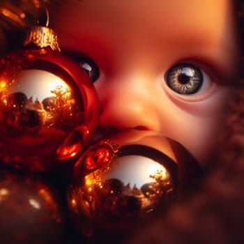 ultra close up shot of eyes of a person reflect christmas warm atmosphere ornaments and lights ai generative art