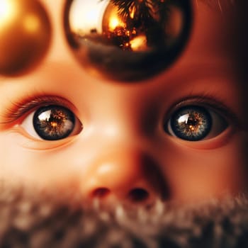 ultra close up shot of eyes of a person reflect christmas warm atmosphere ornaments and lights ai generative art