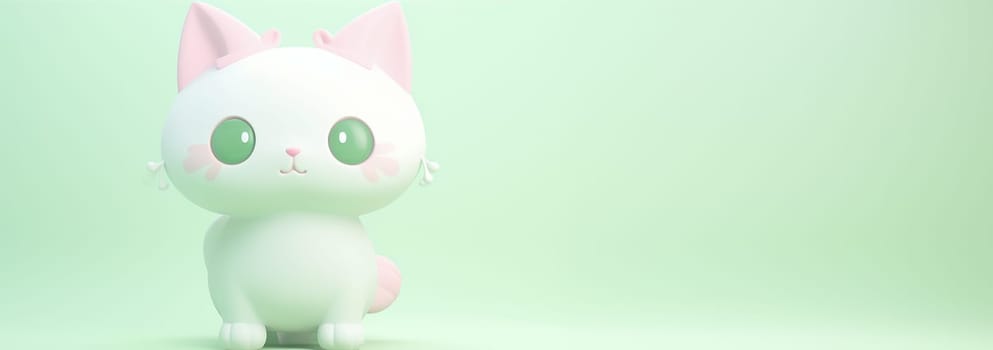 Cute little cat with a kind smiling face and big eyes. 3D Kitten in pastel color green and pink. Super cute pet illustration drawn in a cartoon 3d mesh style background Copy space Space for text