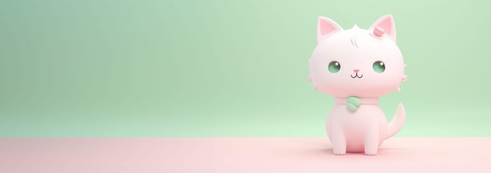 Cute little cat with a kind smiling face and big eyes. 3D Kitten in pastel color green and pink. Super cute pet illustration drawn in a cartoon 3d mesh style background Copy space Space for text