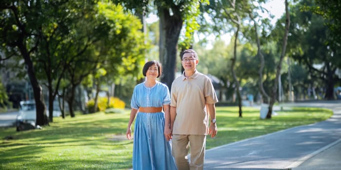 An elderly couple happily walks hand in hand in the park. concept grandparent and grandchild family lives together happily.