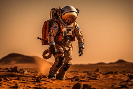 Astronaut in a space suit and helmet standing on the surface of Mars. Generative AI
