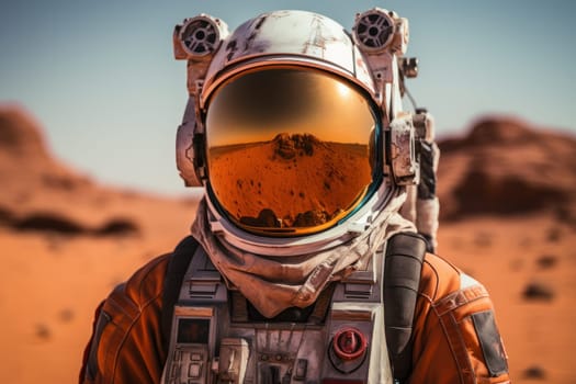 Astronaut in a space suit and helmet standing on the surface of Mars. Generative AI