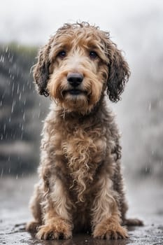 mixed breed puppy dog under the rain in the street sad hungry looking for shelter ai generated
