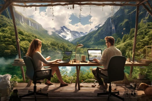 Happy freelancers working remotely with mountain views