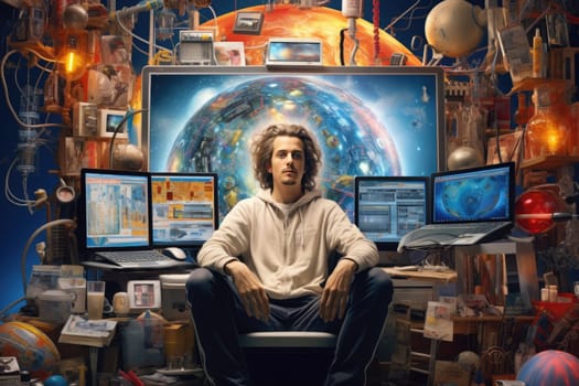 A person in front of a time machine, surrounded by advanced devices and information displays. They are preparing for a journey through time with curiosity and wonderment.