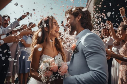 A happy groom and bride celebrating a romantic wedding tradition, surrounded by a beautiful shower of rose petals, capturing the joy and love of their special day.