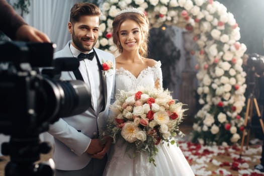 A happy young couple is captured in a beautiful photo shoot, embracing wedding traditions as they celebrate their special day with joyful smiles and love.