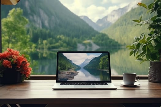 A modern laptop placed on a wooden table with a scenic nature view from the window in the background, highlighting the concept of remote work and working from home.