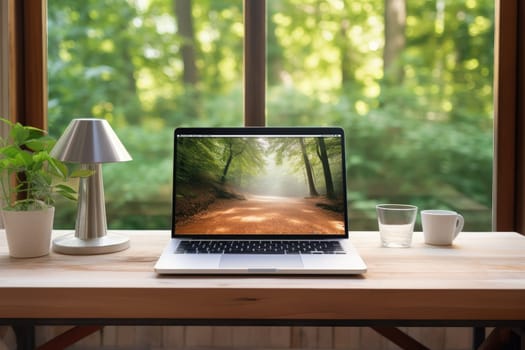 A scenic view of nature is seen through a window, with a laptop placed on a table. The image emphasizes the concept of remote work and creating a peaceful work environment.