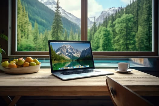 A peaceful scene of remote work blending with nature as illustrated by a laptop on a wooden table with a view of lush greenery and natural light streaming in through a window.