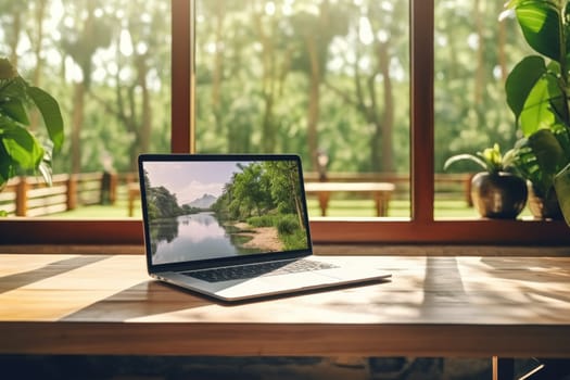 A laptop placed on a wooden table with a scenic view of the outdoors through a window, showcasing a remote work setup within a beautiful natural setting.