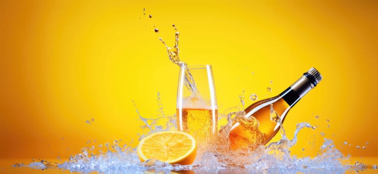 Close-up of a refreshing orange lemonade bottle with splashes on a vibrant yellow background. The juicy and citrusy drink exudes a feeling of summer and refreshment.