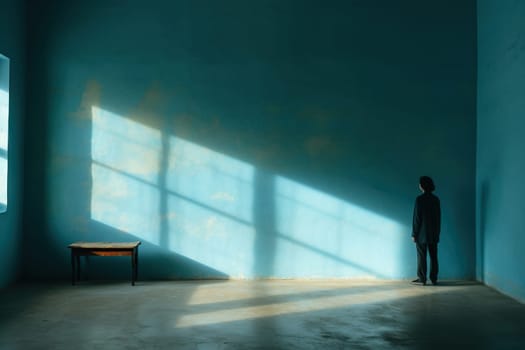 A lonely man stands facing the wall in an empty room with a bench. Blue wall with shadows. Concept of human loneliness, social problems.