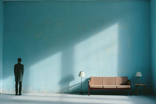 A lonely man stands facing the wall in an empty room with a sofa. Blue wall with shadows. Concept of human loneliness, social problems.