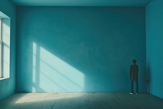 A lonely man stands facing the wall in an empty room. Blue wall with shadows. Concept of human loneliness, social problems.