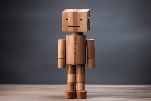 Sad and lonely wooden man on a wooden surface on a blurred background. The concept of loneliness, sadness, waiting.