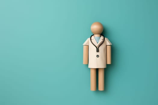 Wooden figurine of a doctor man on a turquoise background with space for text.