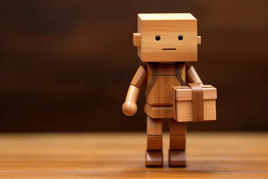 Wooden figurine of a delivery man on a wooden surface.