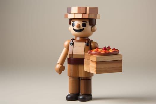A figurine of a wooden pizza maker on a light background.