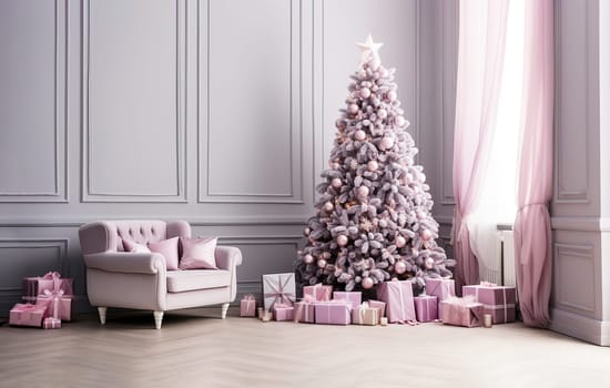 Christmas tree in minimalist trends in a fashionable soft pink interior, gifts in boxes, a large cozy sofa, a large luxurious window in the interior, high-quality photos