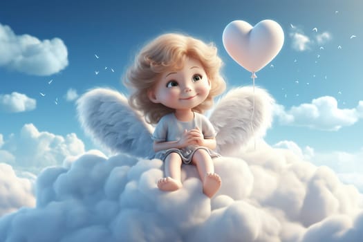 An angel with wings sits on a fluffy cloud with a heart-shaped balloon in a cartoon style.