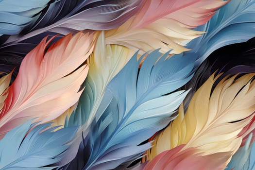 Colorful feathers, feather pattern in soft colors. Bright background.