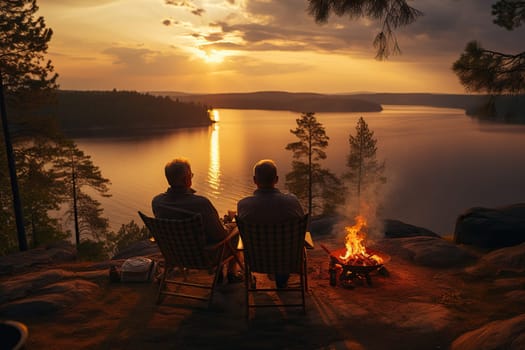 Two elderly men are sitting in armchairs on the shore of a pond near a fire. Old friends, camping.