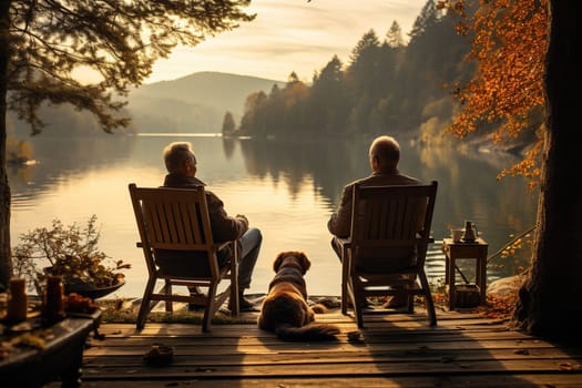 Two elderly men are sitting in chairs on the shore of a pond with their dogs. Old friends, camping.
