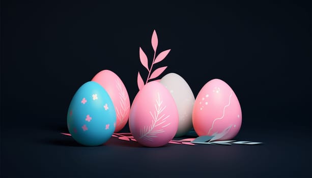 Happy Easter glowing retro neon eggs on dark background. Pastel colored 3D Easter eggs copy space illustration. Space for text