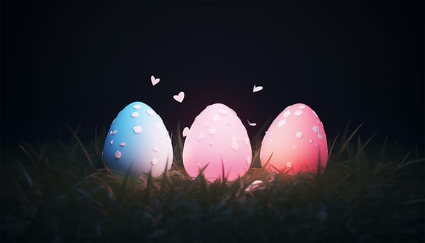 Happy Easter glowing retro neon eggs on dark background. Pastel colored 3D Easter eggs copy space illustration. Space for text