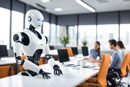 A modern robot works in a bright office with other employees, the usefulness of automation when performing repetitive and tedious tasks