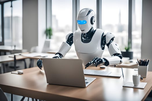 A modern robot works in an office on a laptop, demonstrating the usefulness of automation in performing repetitive and tedious tasks