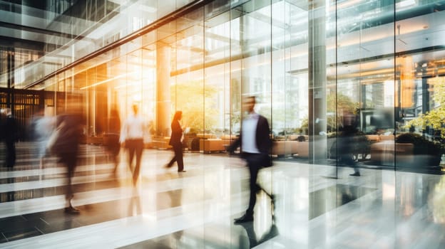 Business people rushing in office lobby with motion blur